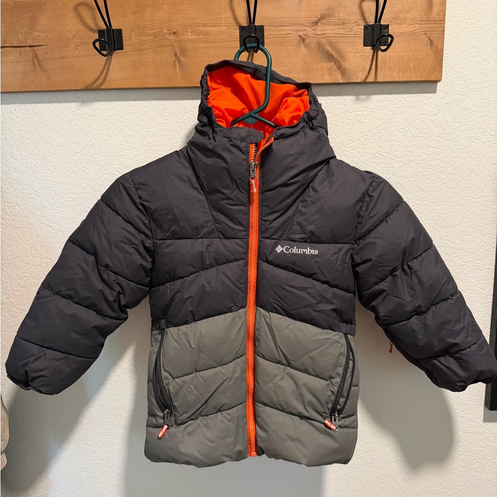Columbia Youth Black and Gray Puffer Jacket with Orange Lining